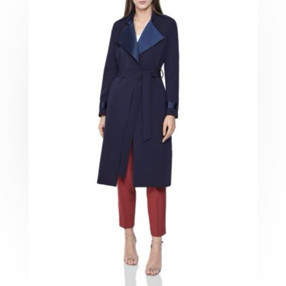 🌹NWT REISS Katja Satin Tremmed trench coat navy size US. 2